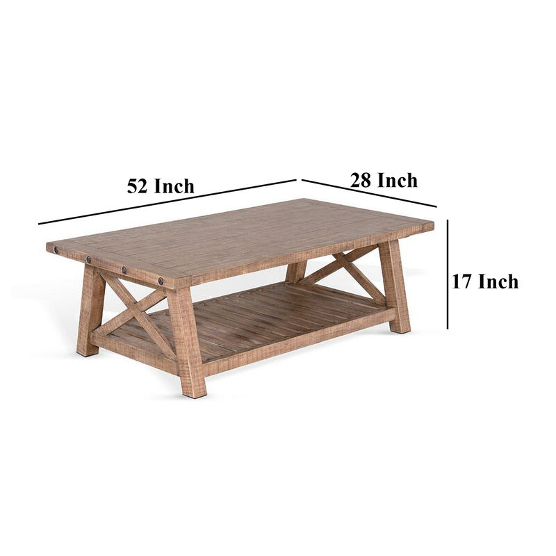 Anva Coffee Table, Light Brown Mahogany, Shelf, Rectangular 52 Inch