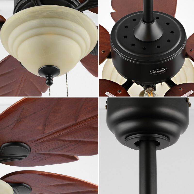 Poinciana 52" 3-Light Coastal Bohemian Iron/Wood Palm Leaf LED Ceiling Fan with Pull Chain, Dark Brown