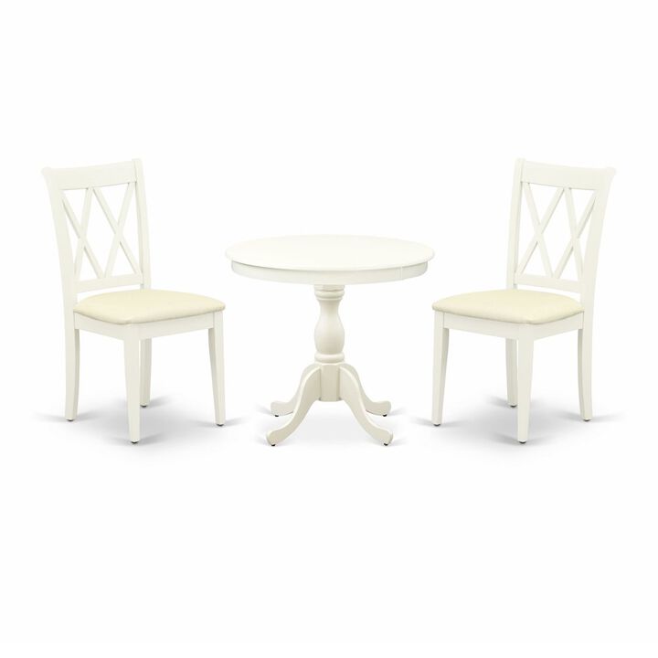 East West Furniture 3 Piece Dinning Room Table Set Contains 1 Wood Table and 2 Linen White Dining Room Chairs with Double X-Back - Linen White Finish
