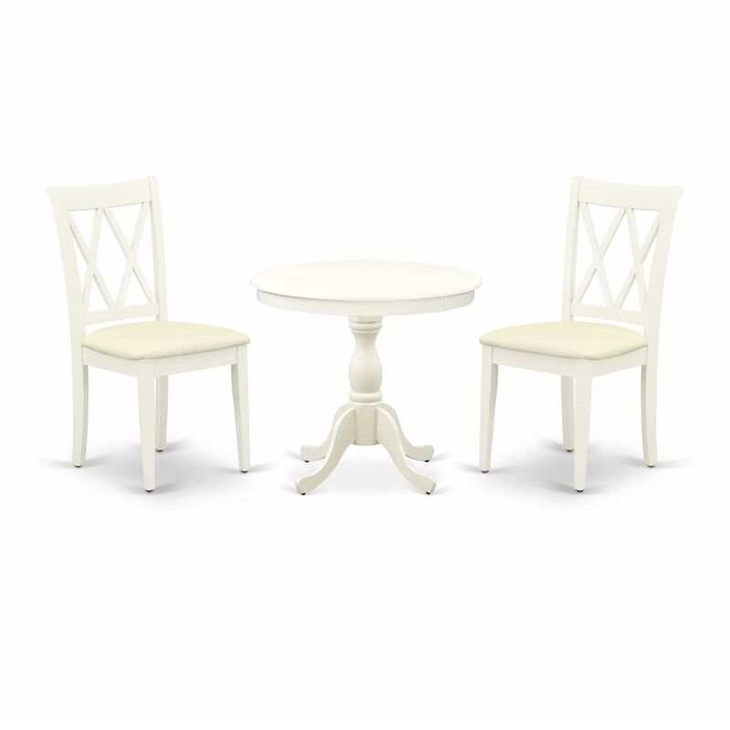 East West Furniture 3 Piece Dinning Room Table Set Contains 1 Wood Table and 2 Linen White Dining Room Chairs with Double X-Back - Linen White Finish
