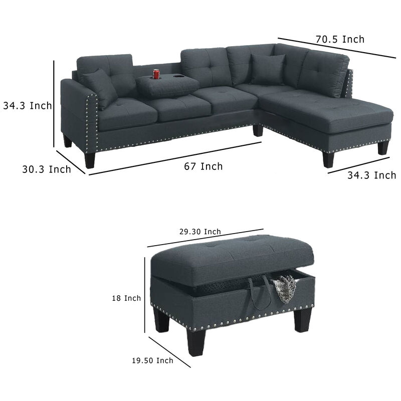Rema 3pc Sectional Sofa, Chaise, Ottoman, 2 Pillows, Dark Gray Linen