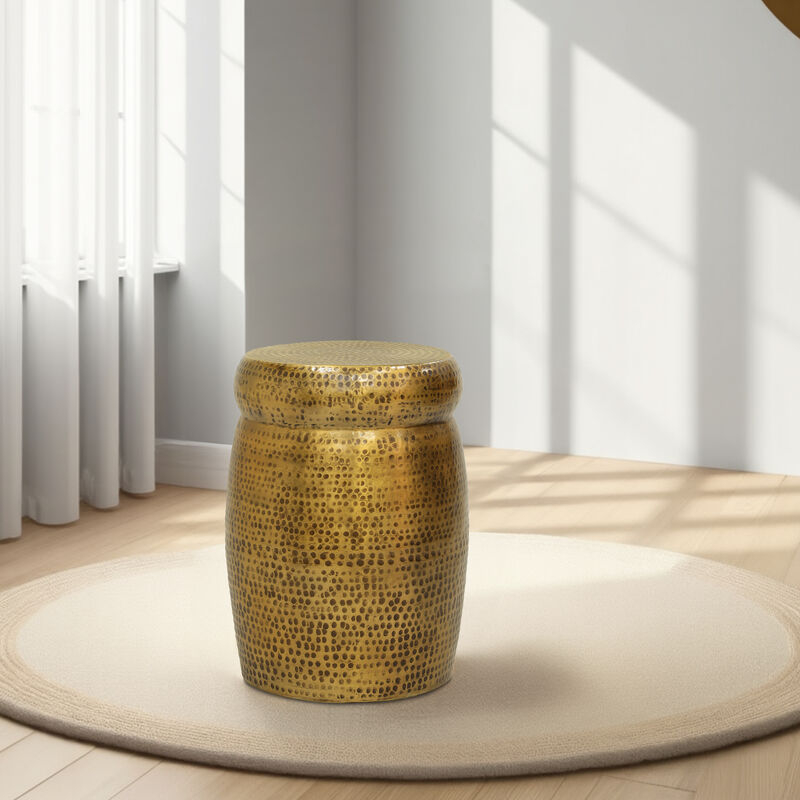 Kvira 21" Round Drum Side End Table | Artisan Hammered Embossed Texture | Antique Gold Brass Finish