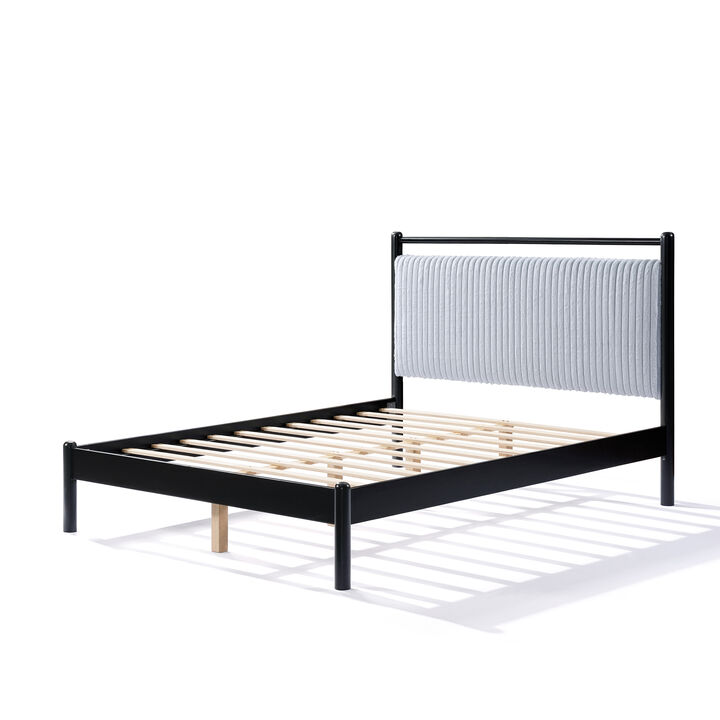 Merax Queen Wood Platform Bed with Fluffy Grey Headboard & Black Frame