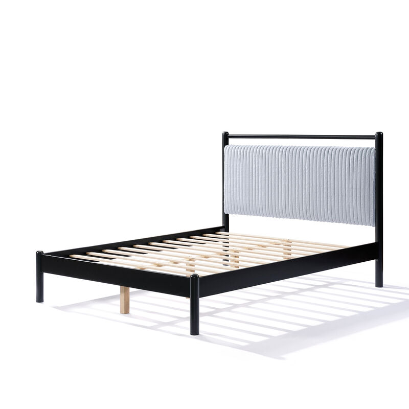 Merax Queen Wood Platform Bed with Fluffy Grey Headboard & Black Frame