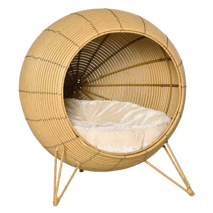 Wicker Cat Bed Elevated Rattan Kitten Basket Pet Den. House Cozy Cave with Soft Cushion Light Brown