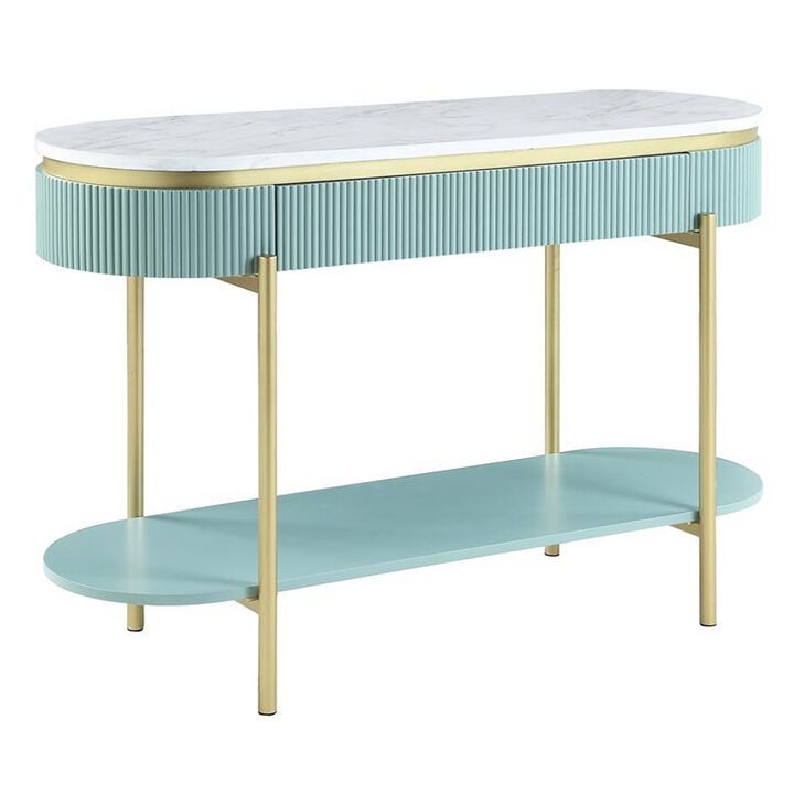 Ville 48 Inch Sofa Console Table, White Faux Marble Top, Teal Reeded Edge-Benzara