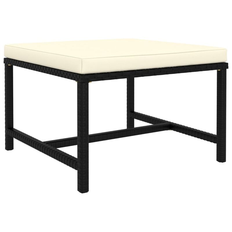 Reno Outdoor Sectional Footrest Ottoman, Black Rattan, Ivory Polyester - Benzara