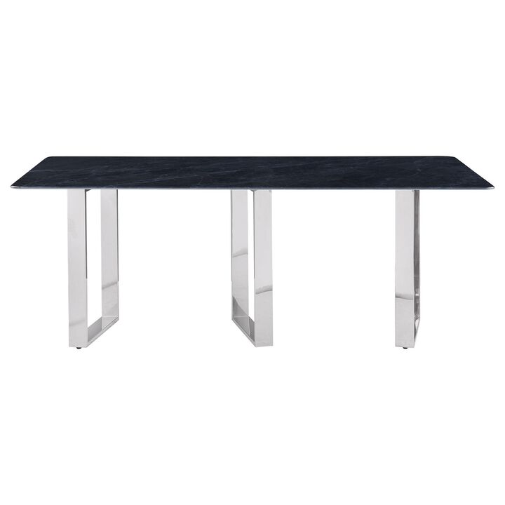 Eden Dining Table, Metal Base, Rectangular Gray Sintered Stone 79 Inch - Benzara