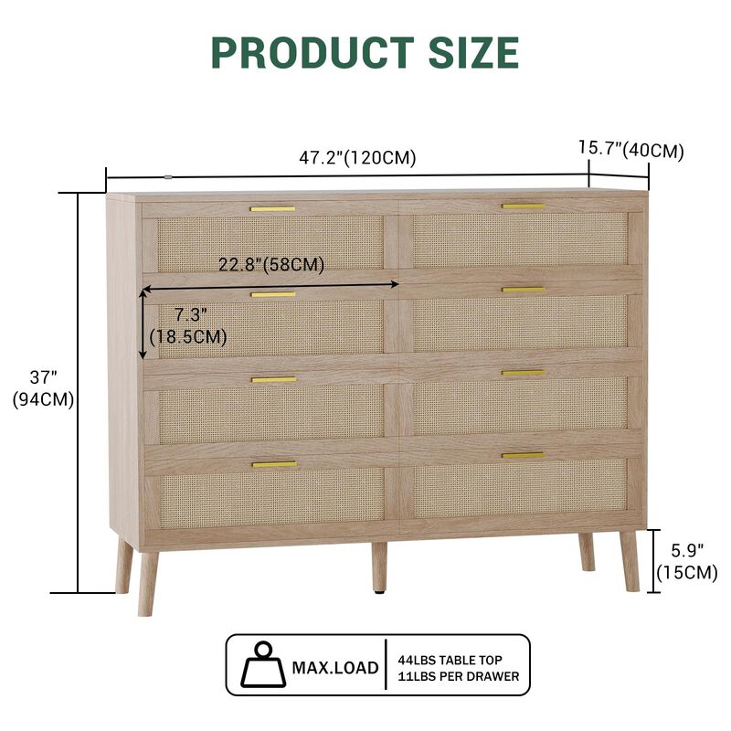 8 Drawer Dresser, Natural Rattan Dresser for Bedroom with 5 Strong Legs, Farmhouse Wood Chest image number 1