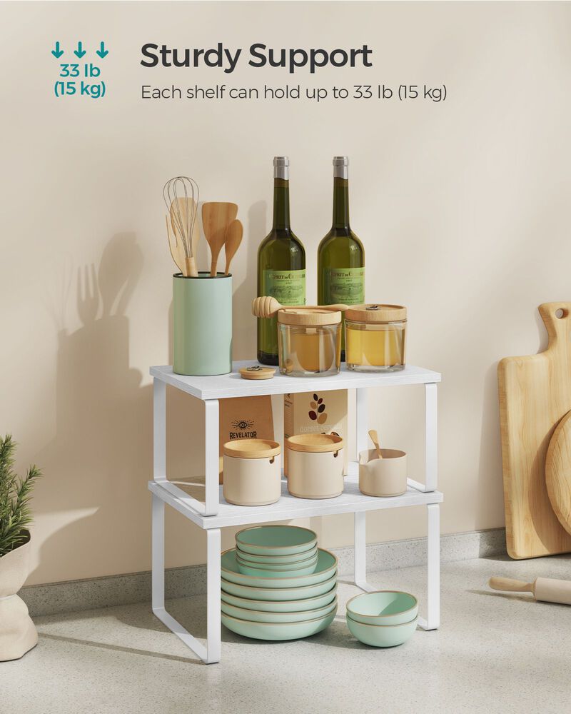 Set of 4 Stackable Cabinet Shelf Organizers - Metal and Particleboard Kitchen Counter Shelves, Expandable