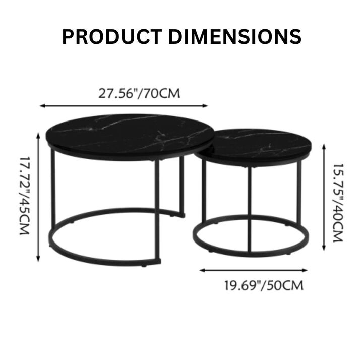 GOODSILO Round Nesting Coffee Table Set of 2, Space-Saving Stackable Side Tables with Marble Pattern Top and Sturdy Metal Frame for Living Room Bedroom Balcony