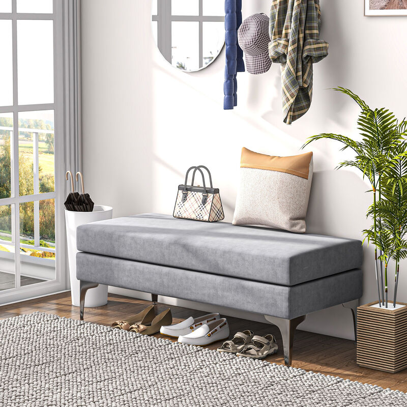HOMCOM 48" End of Bed Bench, Upholstered Entryway Bench with Double Layer Seat Cushions and Steel Legs, Bedroom Bench, Light Gray