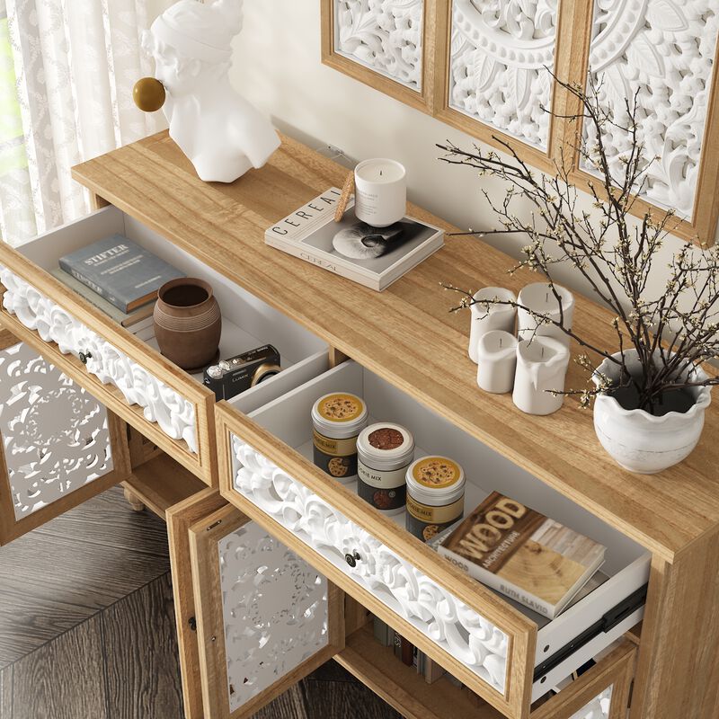 FUFU&GAGA Vintage Style Storage Cabinet with White Hollowed-Out Carved Drawers and Doors, Matching Wall Panel Frame, Painted and Clear Finish with Antique Hardware, (59.1 in. W x 15.7 in. D x 35.4 in. H), Wood and White