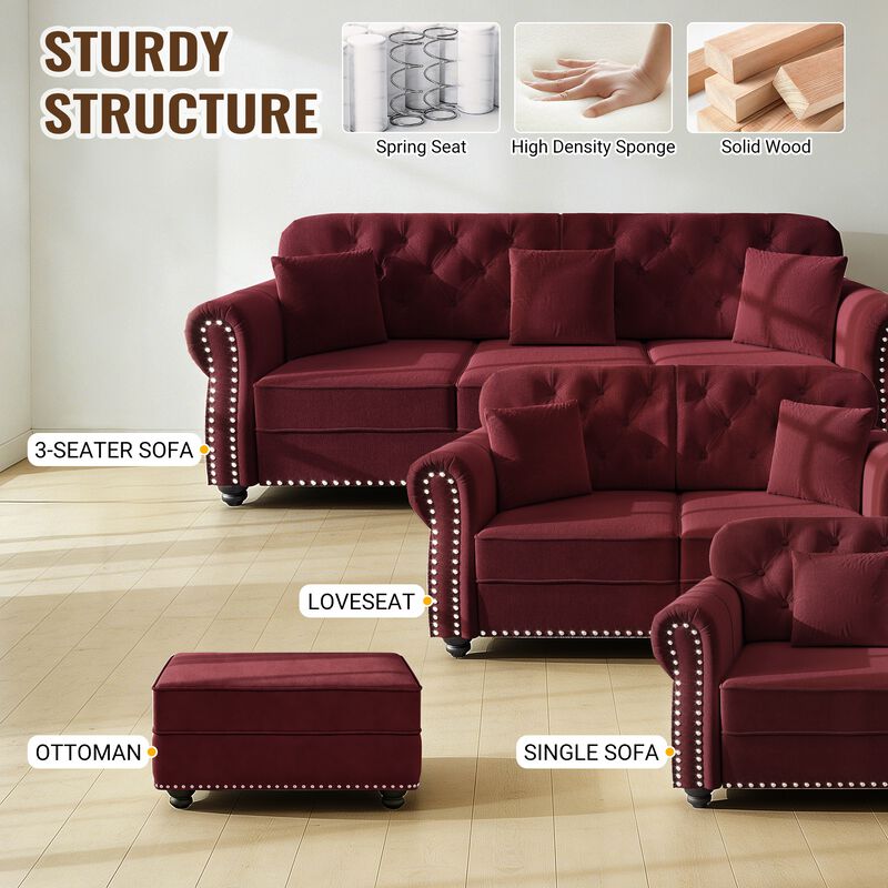 Whisen 2 Seat Velvet Upholstered Sofa with 2 Ottomans, Nailhead Trim, Mid-Century Modern, for Living Room image number 5