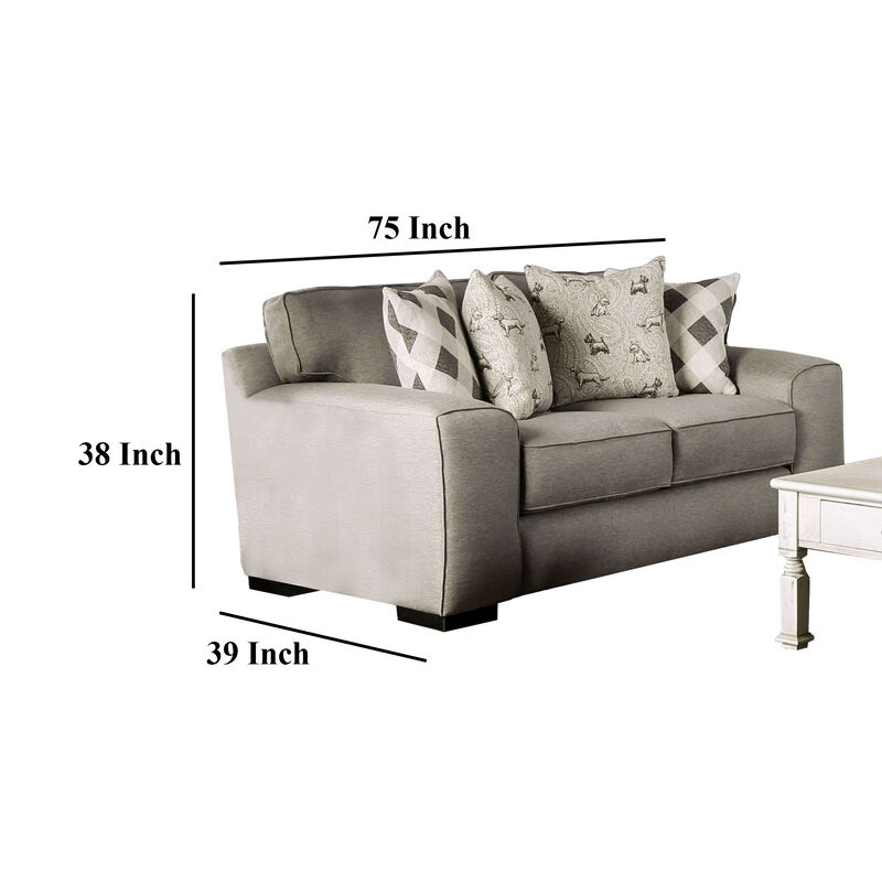 Edison Loveseat, Gray Fabric, 4 Throw Pillows, Track Arms, 75 Inch - Benzara - Benzara