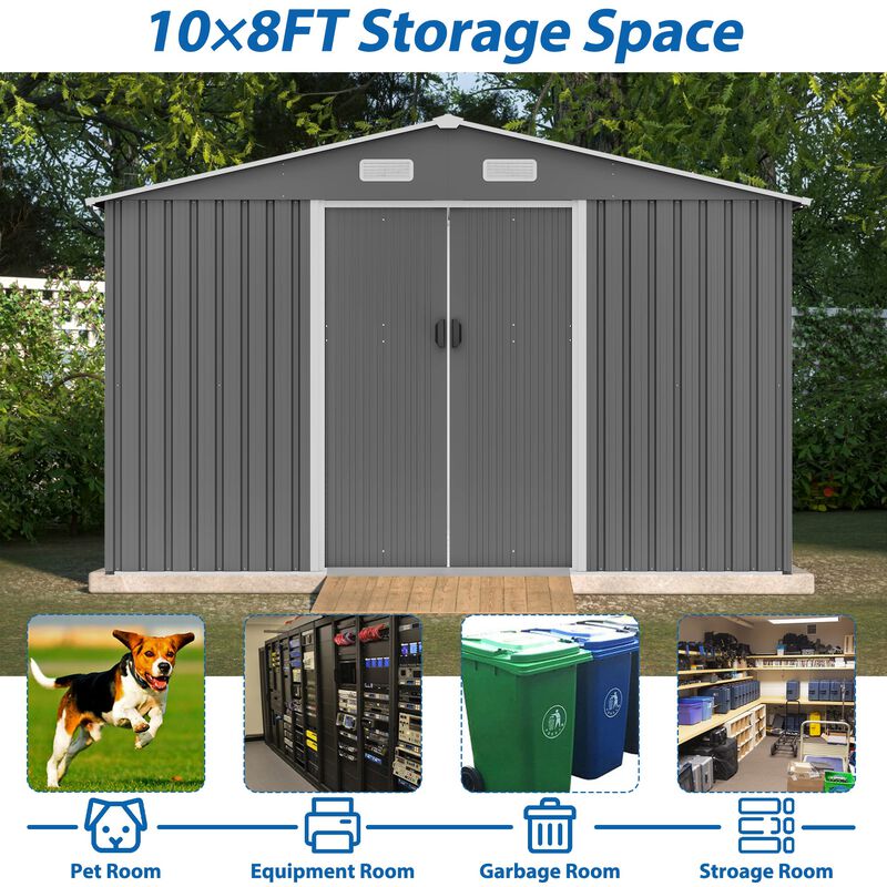 Mondawe 10x8 FT Grey Metal Storage Shed with Lockable Doors