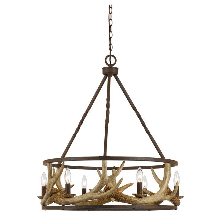 6 Bulb Metal Frame Chandelier with Resin Antler Design,Dark Bronze and Gold - Benzara
