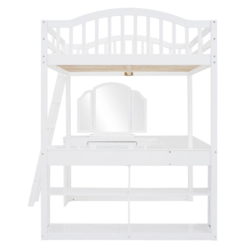 Merax Loft Bed with U-shaped Desk and Tri-fold Mirror