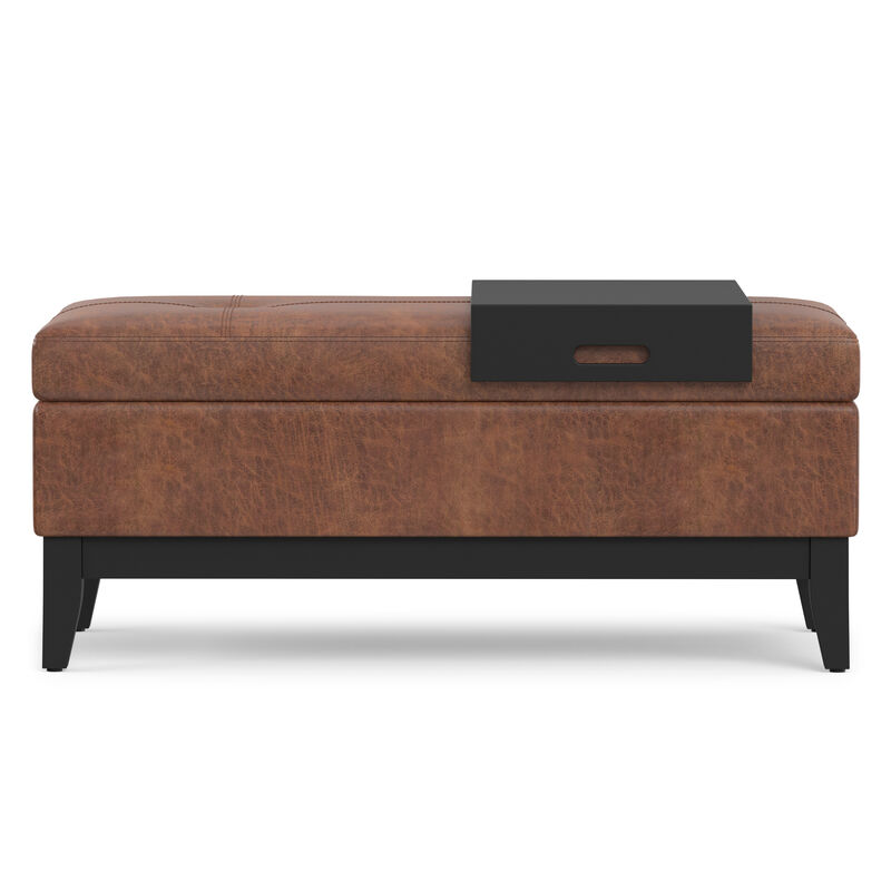 Oregon 42 inch Wide Transitional Rectangle Storage Ottoman Bench with Tray in Distressed Saddle Brown Vegan Faux Leather, Assembled image number 6
