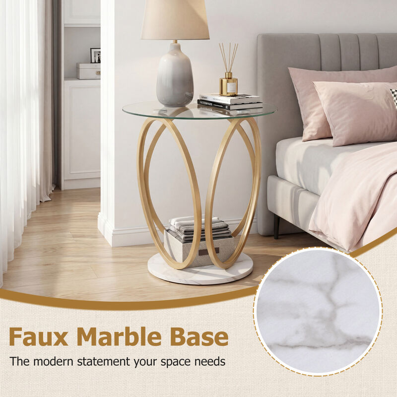 Round End Table Faux Marble Side Table with Tempered Glass Tabletop image number 3