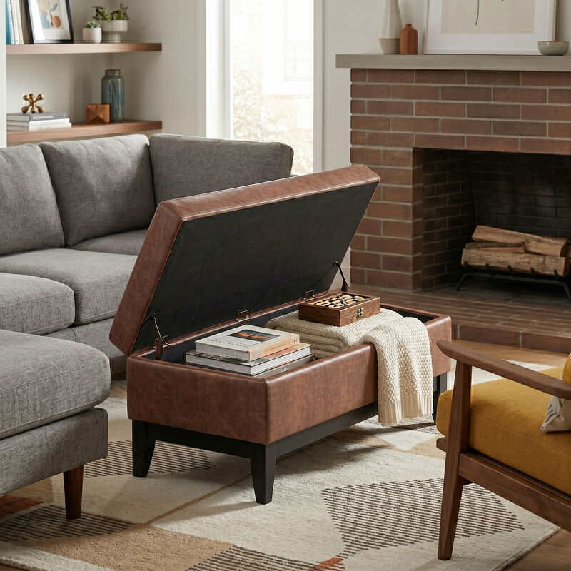Oregon 42 inch Wide Transitional Rectangle Storage Ottoman Bench with Tray in Distressed Saddle Brown Vegan Faux Leather, Assembled image number 2
