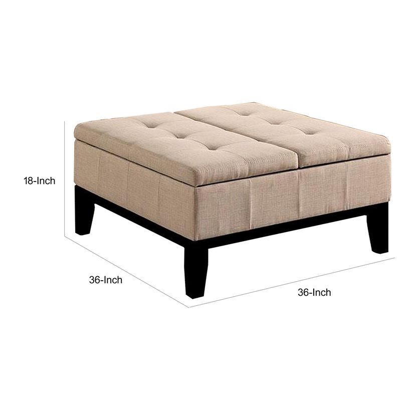 Orin 36 Inch Ottoman, Split Storage Lid, Tufted Beige Upholstery, Wood - Benzara