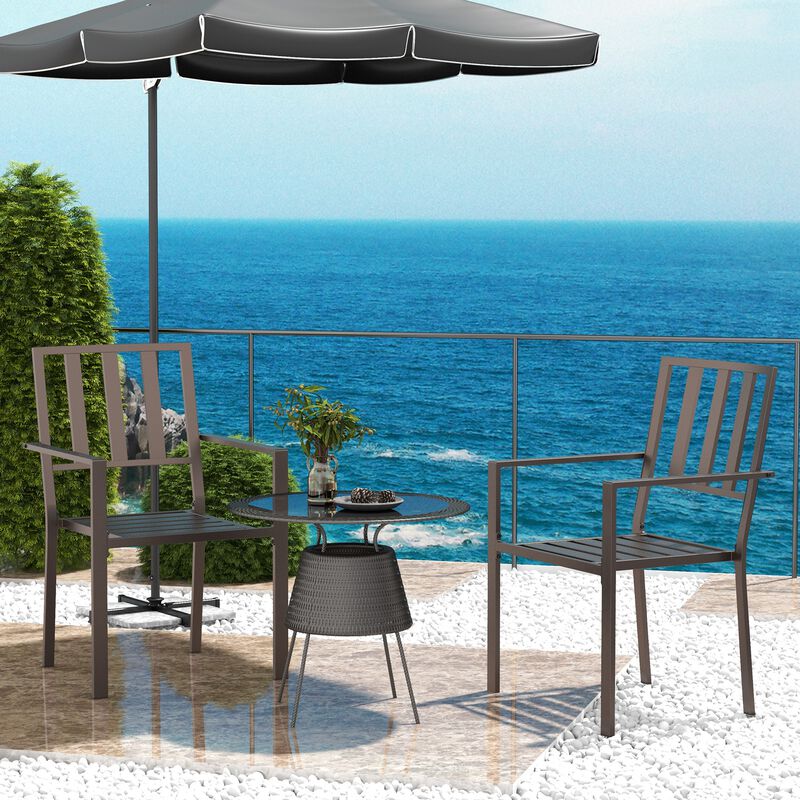 Outsunny Set of 2 Patio Dining Chairs, Stackable Outdoor Garden Bistro Chairs with Metal Slatted Seat & Backrest, for Yard, Garden, Dark Brown