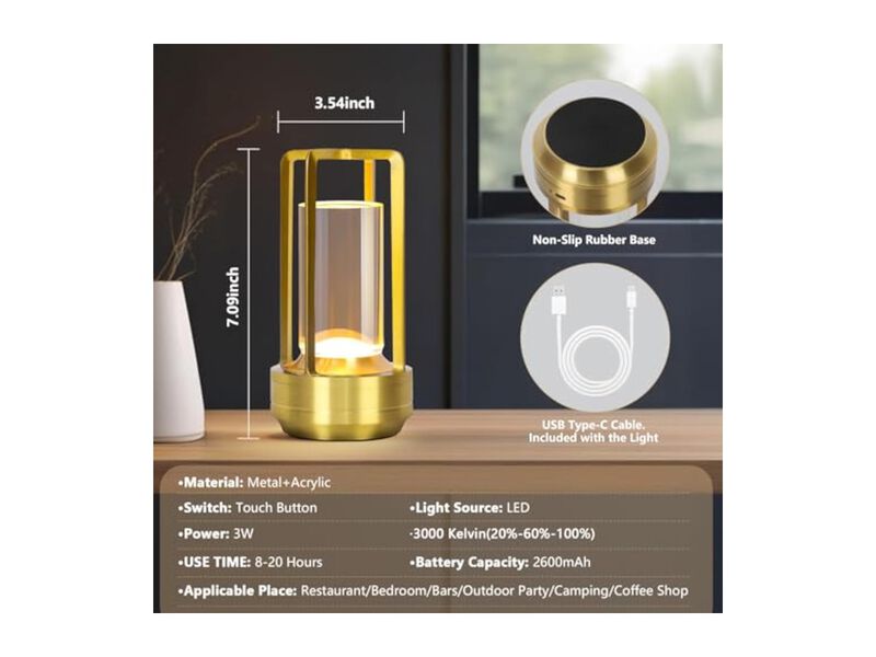 Rechargeable Cordless Dimmable Metal Table Lamp For Patio Outdoor Camping Gold image number 3