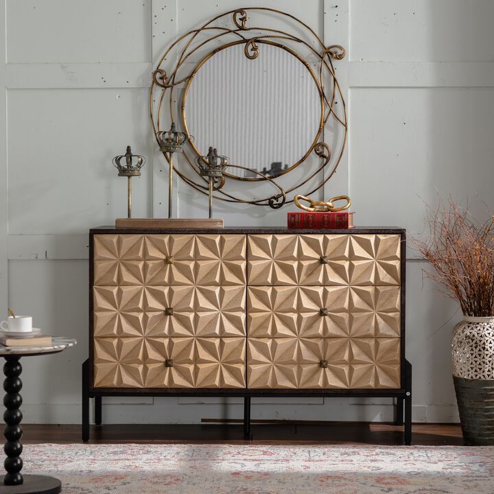 48.21"Mid-Century Modern 6-Drawer Sideboard-3D Geometric Diamond Dresser, Buffet Console Table