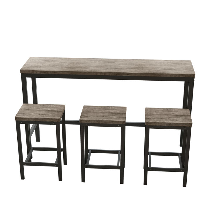 Modern Design Kitchen Dining Table, Pub Table, Long Dining Table Set with 3 Stools, Easy Assembly, Brown Gray