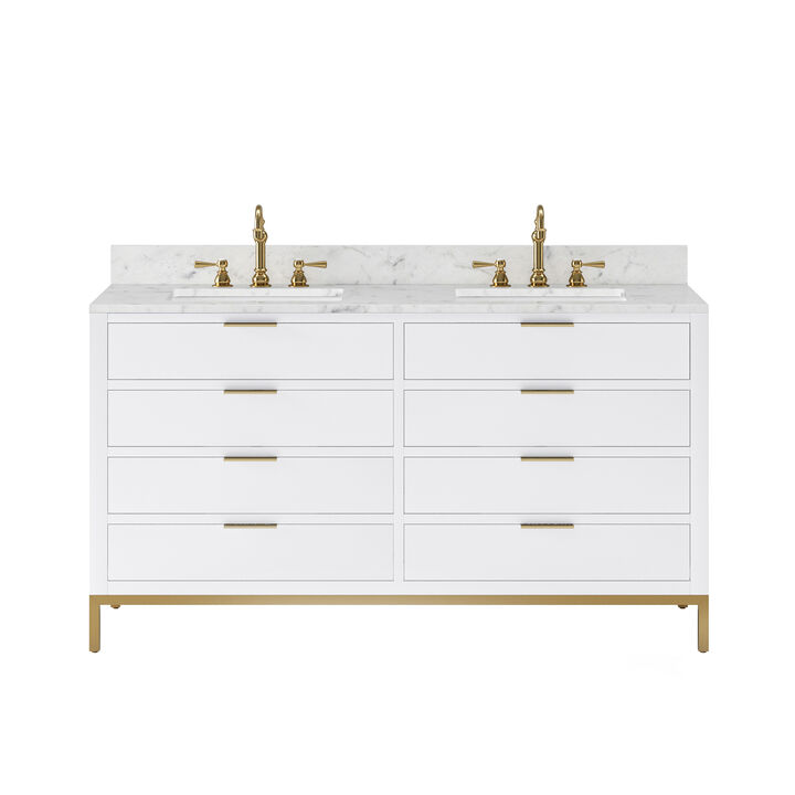 Bristol 60 In. Double Sink Carrara White Marble Countertop Bath Vanity in Pure White