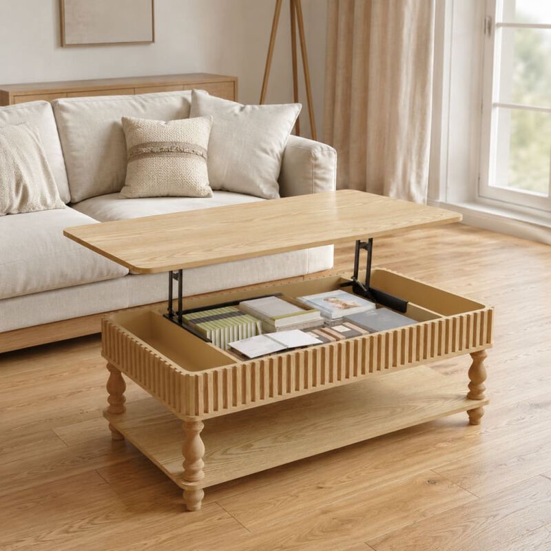 GOODSILO 47.24 Inch Lift Top Coffee Table, Solid Wood Construction, Tool-Free Assembly, Fluted Details, Roman Legs, Dual Storage for Living Room Furniture image number 3
