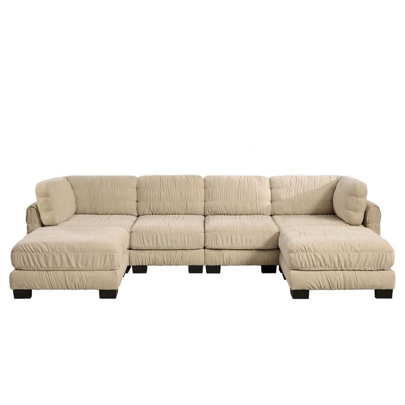4 seat modular sectional sofa, Chenille L shaped sectional couch with ruched detailing, Modular sectional with 2 movable ottomans image number 0