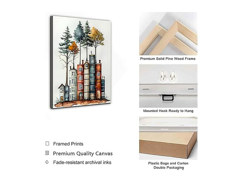Framed Canvas Wall Art Reading Book Lover 12inx16in Colorful Stacked Houses Tree image number 2