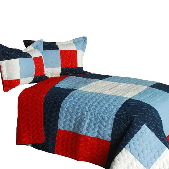 3 PieceVermicelli Quilted QueenSize Quilt Set with Soft Printed Patchwork Pattern-Blue