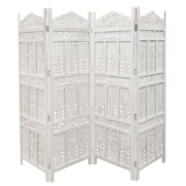 Aesthetically Carved 4 Panel Wooden Partition Screen/Room Divider, Distressed White