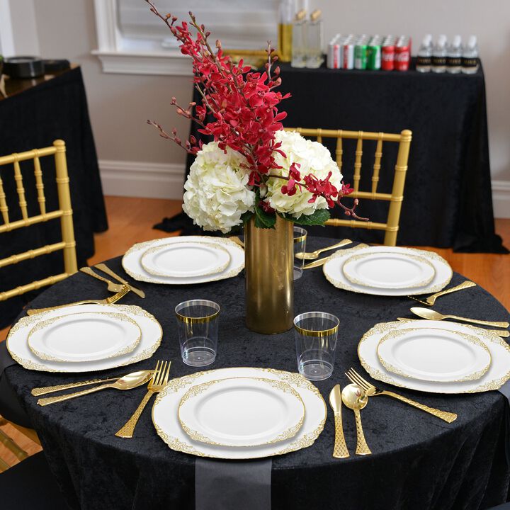 White with Gold Fancy Round Plastic Dinnerware Value Set (60 Sets)