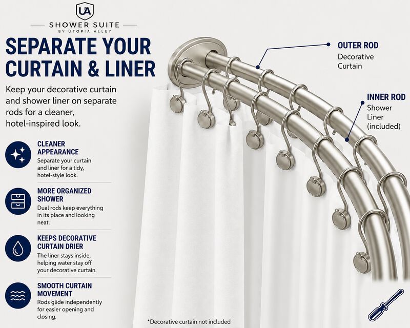 Shower Suite by Utopia Alley &ndash; Rustproof Aluminum Double Curved Shower Curtain Rod Combo Set with Liner & 24 Hooks, Adjustable 45&ndash;72 Inch Wall Mounted Dual Rod, Extra 30% Space image number 2