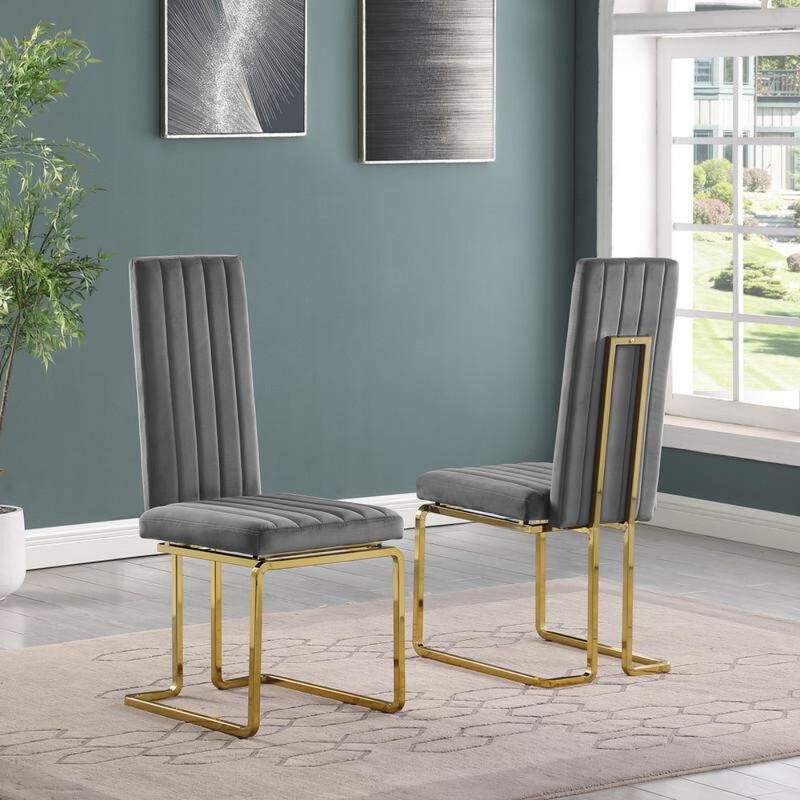Best Quality Furniture Dark Grey Velvet Side Chairs With Gold Color Base (Set Of 2)