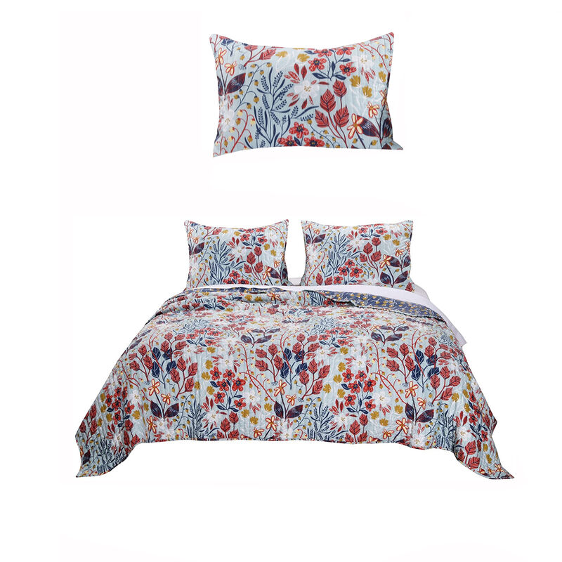 King Size 3 Piece Polyester Quilt Set with Floral Prints, Multicolor - Benzara