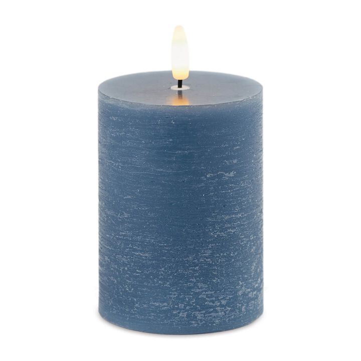 Set of 2 Blue Wax Pillar Candles with Flame-Like Wick for Tabletop or Shelf Decor