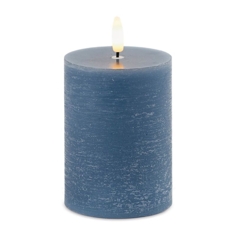 Set of 2 Blue Wax Pillar Candles with Flame-Like Wick for Tabletop or Shelf Decor