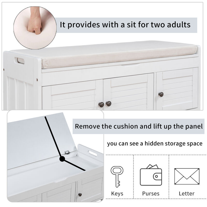 Whisen Storage Bench with 3-Shutter-shaped Doors and Removable Cushion - White