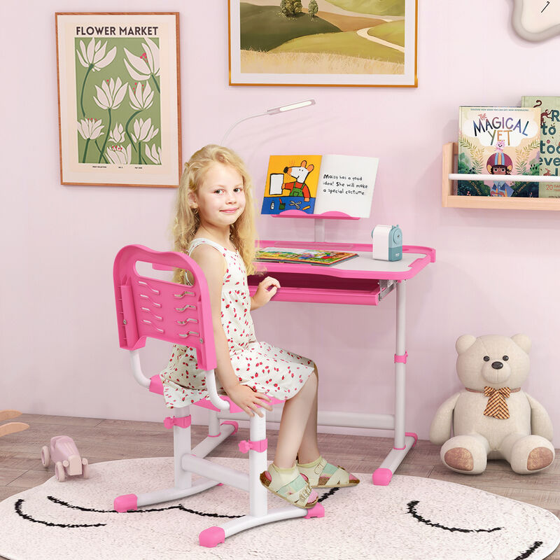 Qaba Kids Desk and Chair Set with Tilt Desktop, Storage Drawer, Pink