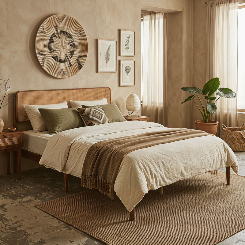 Rattan Style Wooden Bed Frame with Slatted Support System image number 4