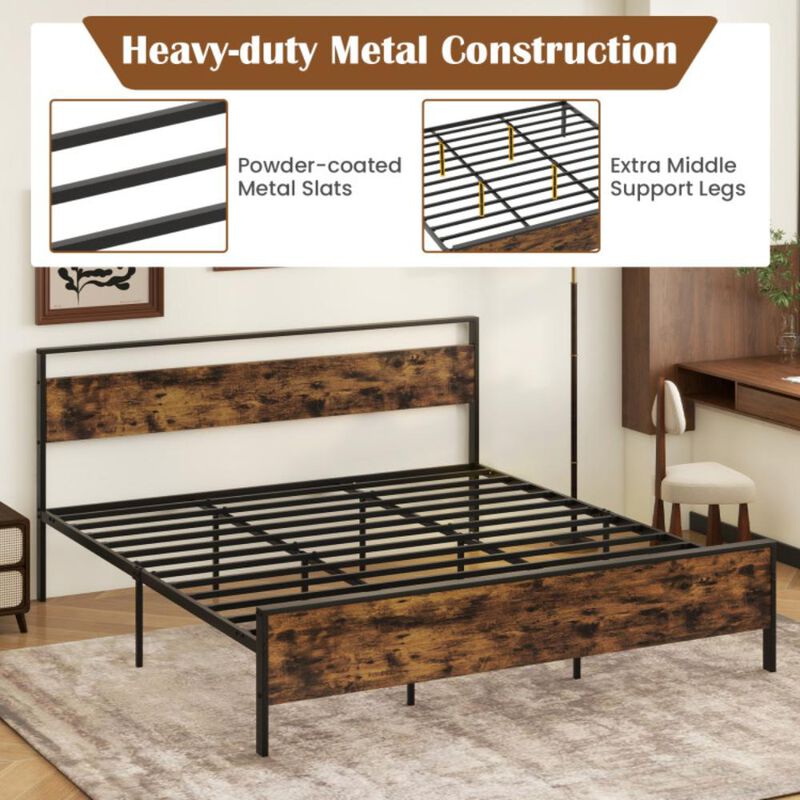Hivvago Metal Bed Frame Industrial Platform Bed with Wooden Headboard