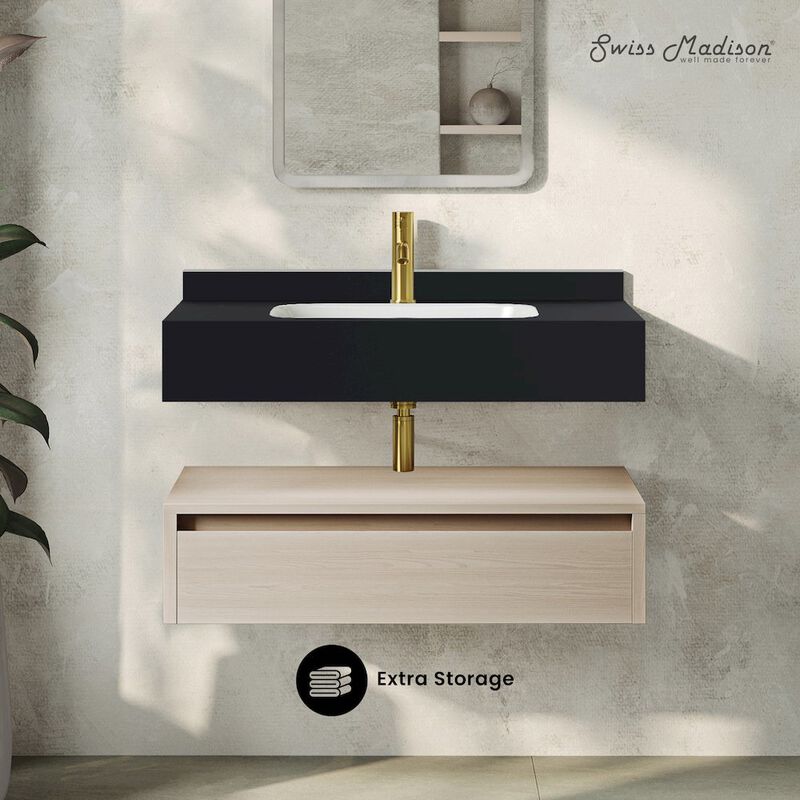 Avancer 36" Wall-Mounted Bathroom Vanity in White Oak with Black Marble Sink Top image number 1