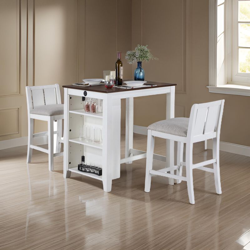 Ham 3 Piece Counter Height Compact Dining Table, Chair Set, White Wood - Benzara