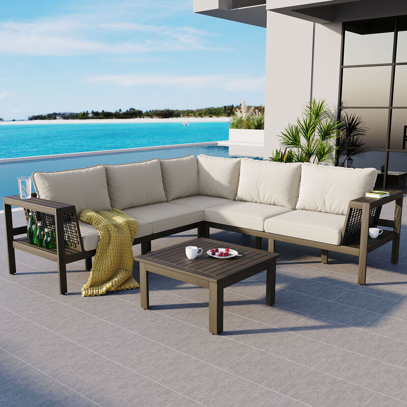 Whisen 4-Piece Acacia Wood Outdoor L-Shaped Sofa Set with Woven Mesh Armrests and Coffee Table