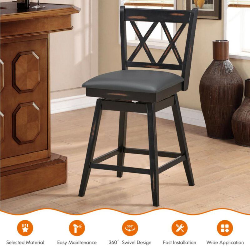 Hivvago 2 Pieces Swivel Counter Height Barstool Set with Rubber Wood Legs
